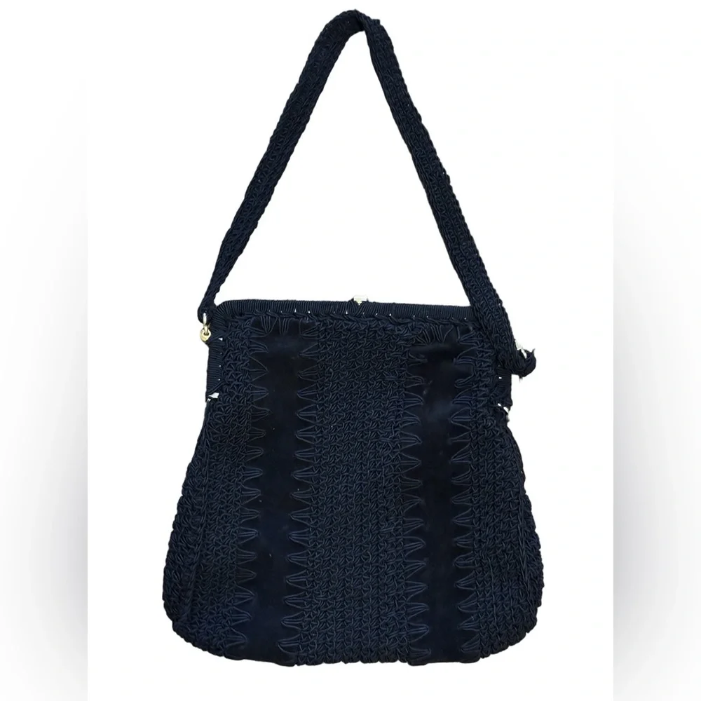 Vintage Italian Woven Knit Handbag – Black – Structured Top Handle - 1960s